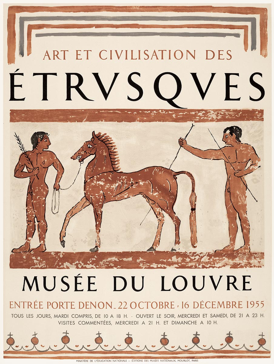 -Affiche-Lithographie-Art-et-Civilisation-des-Etrusques-Musée-du-Louvre,-Paris-1955