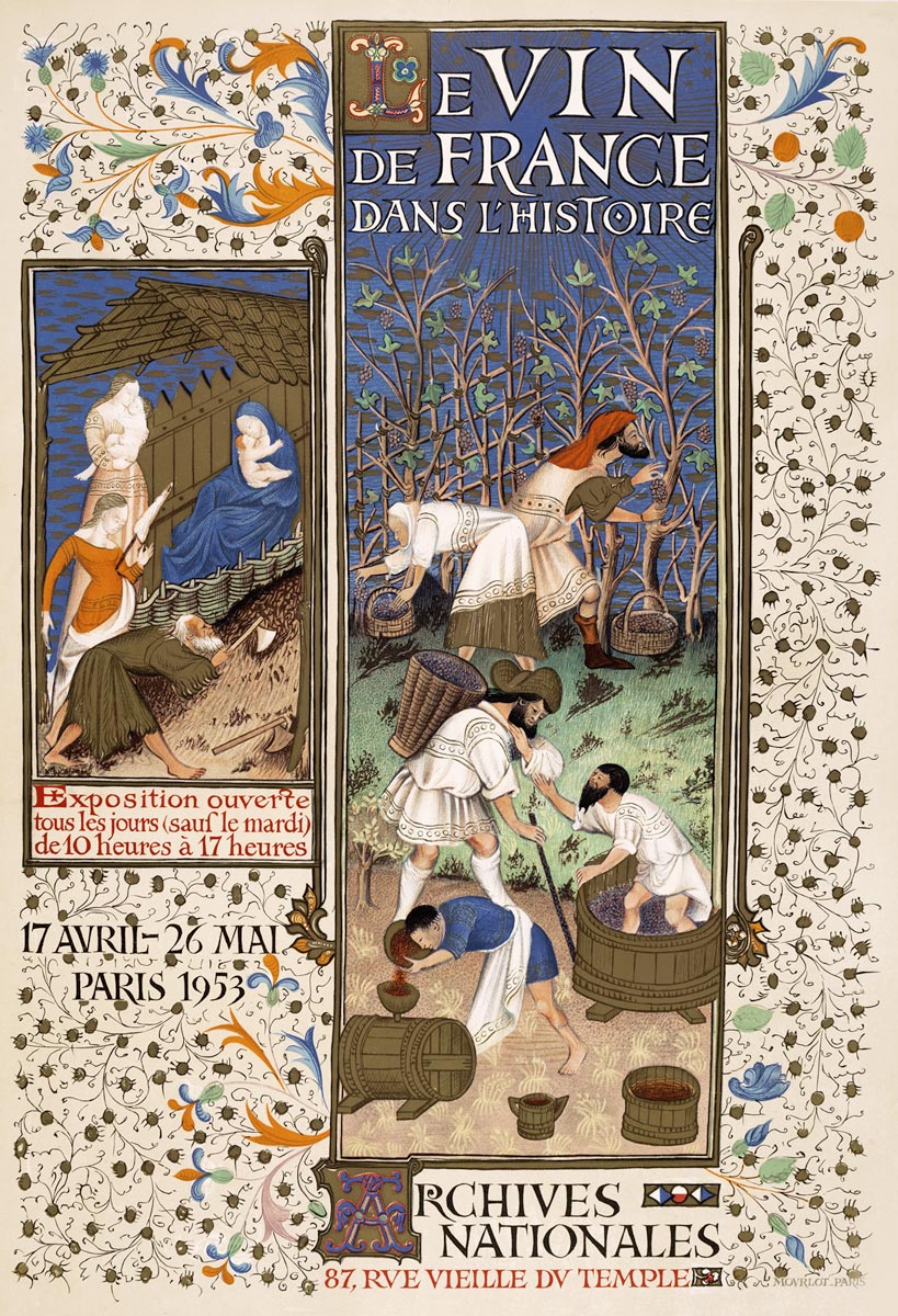 -Affiche-Lithographie-Le-Vin-de-France-dans-l-histoire-Archives-Nationales,-Paris-1953