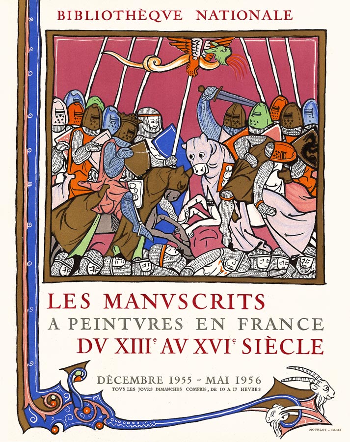 -Affiche-Lithographie-Les-manuscrits-à-peintures-en-France-du-XIII-au-XVI-siècles-Bibliothèque-nationale,-Paris-1955