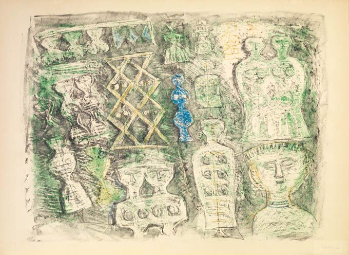 Massimo-Campigli-Estampe-Lithographie-Donne-su-fondo-verde-L-Œuvre-gravée,-Paris-Zürich-1960