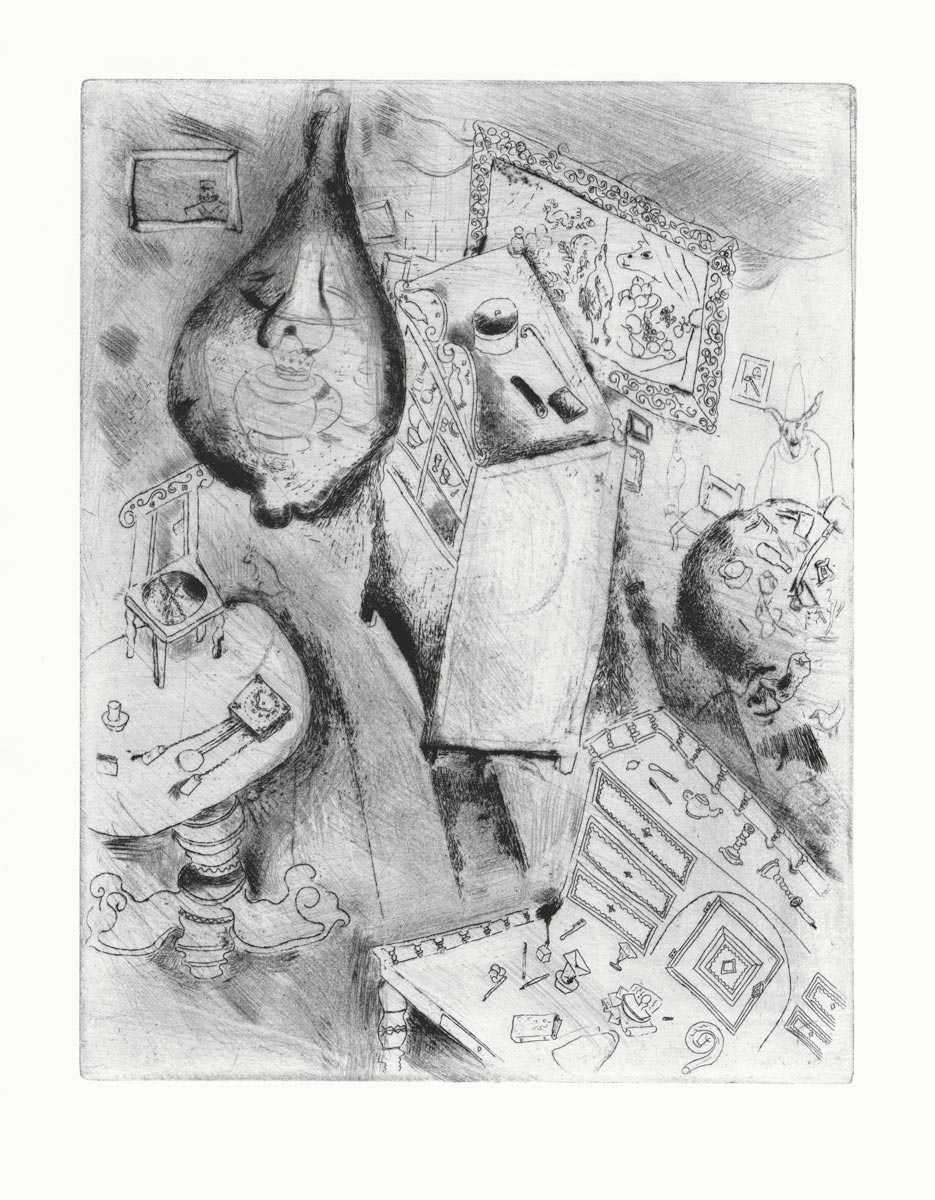 Marc-Chagall-Estampe-Eau-forte-La Chambre de Pliouchkine-Vollard-Tériade, 1948-1923-1927