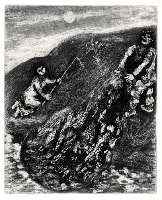 Marc Chagall, Eau-forte, -Les Poissons et le berger qui joue de la flute-, 1927-1930
