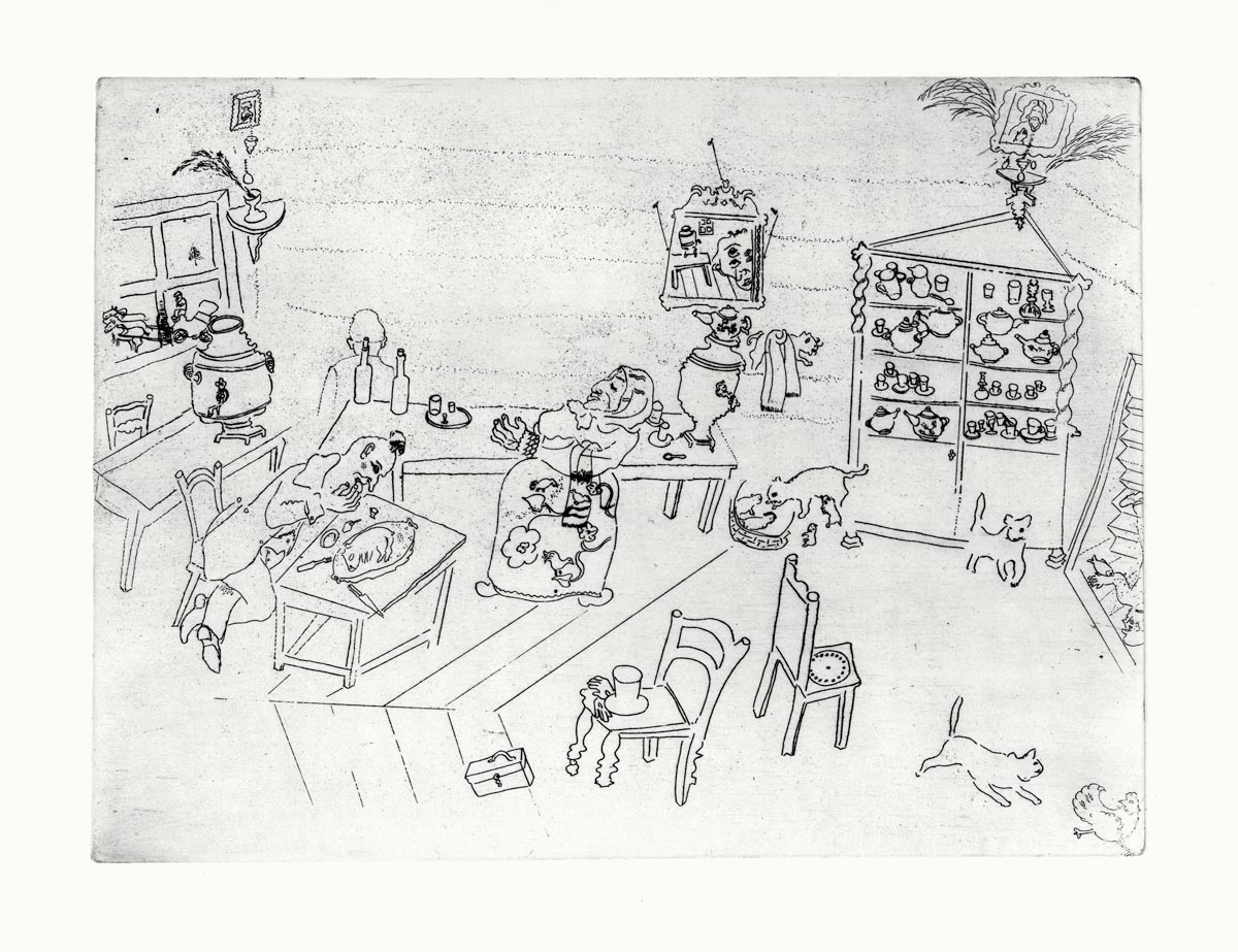 Marc-Chagall-Estampe-Eau-forte-Repas-dans-le-Traktir-Vollard-Tériade,-1948-1923-1927