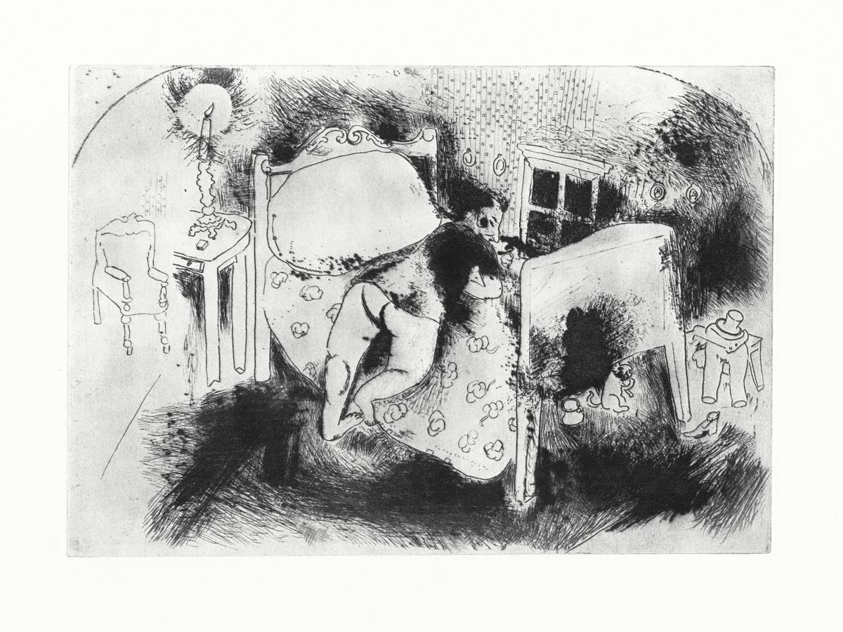 Marc Chagall, Eau-forte, -Tchitchikov sur le lit-, 1923-1927