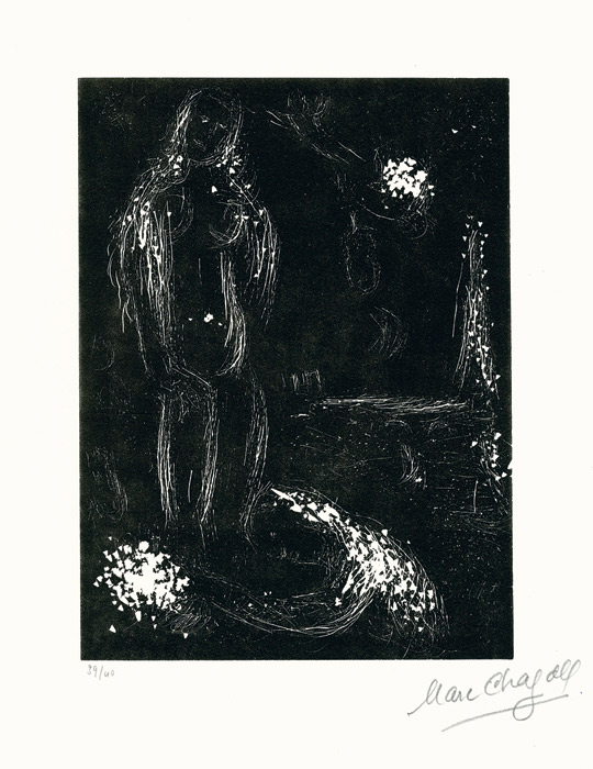 Marc-Chagall-Estampe-Linogravure-La nuit, il vole un ange dans le ciel-Gérald Cramer, Genève-1984