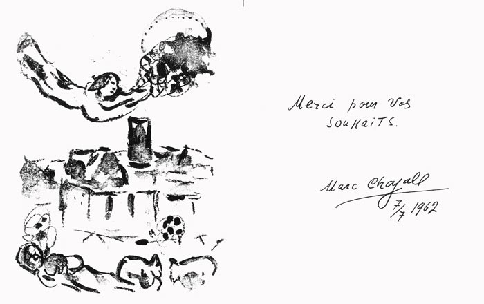 Marc Chagall, Lithographie, -Merci pour vos souhaits-, 1962