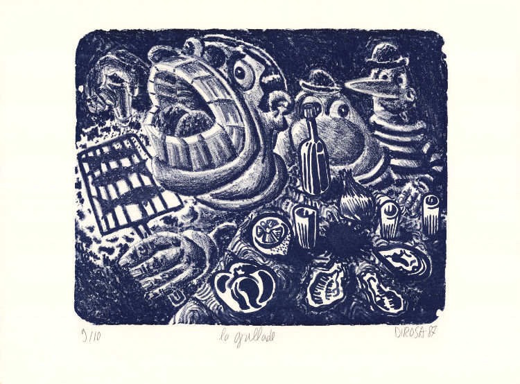 Hervé Di Rosa, Lithographie, -La grillade, état en bleu-, 1987