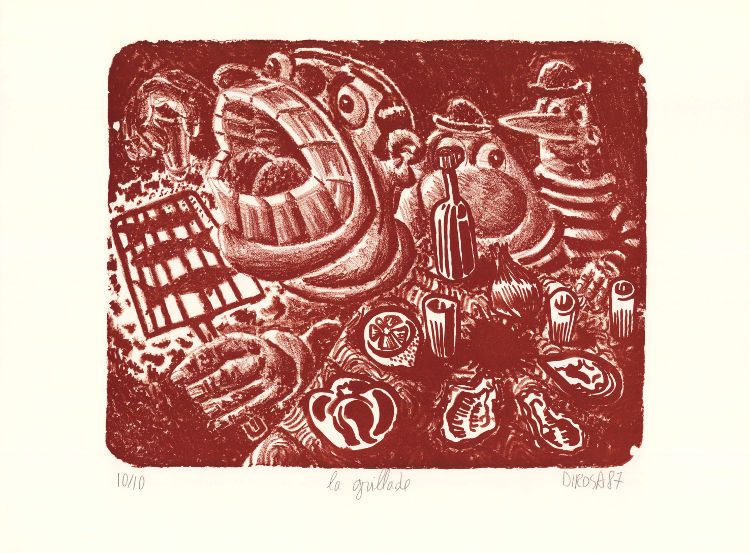 Hervé Di Rosa, Lithographie, -La grillade, (état en rouge)-, 1987
