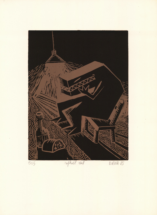 Hervé-Di Rosa-Estampe-Linogravure-Raphaël seul (fond bistre)-Atelier Bordas, Paris-1985
