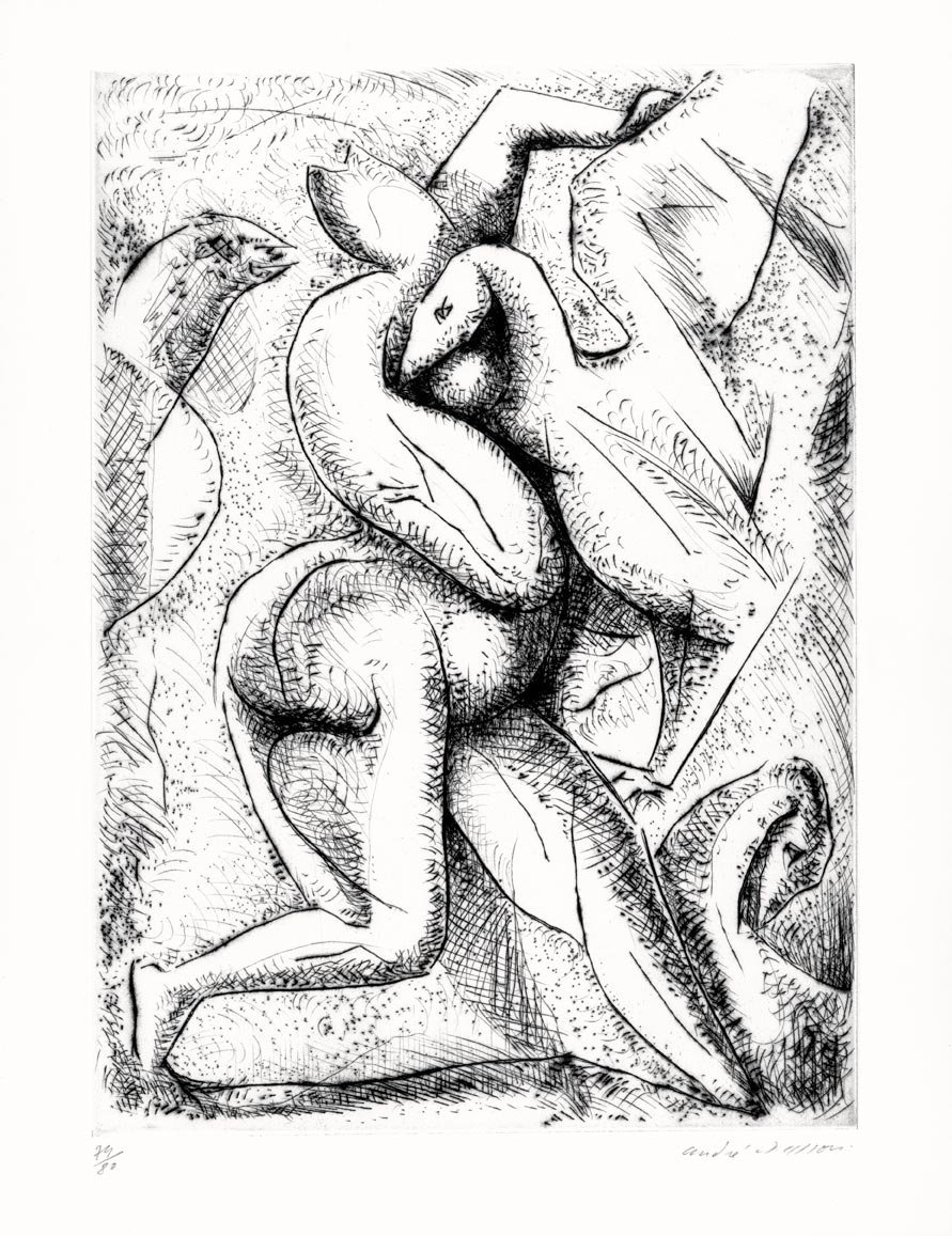 André Masson, Pointe-sèche, -Femme attaquée par des oiseaux  (Bruniidor)-, 1947