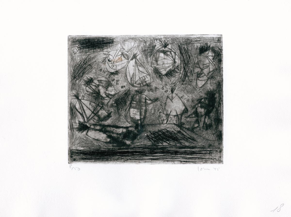 Asger Jorn, Eau-forte, -Occupations 18. Chanson de nuit pour chasseur-, 1945