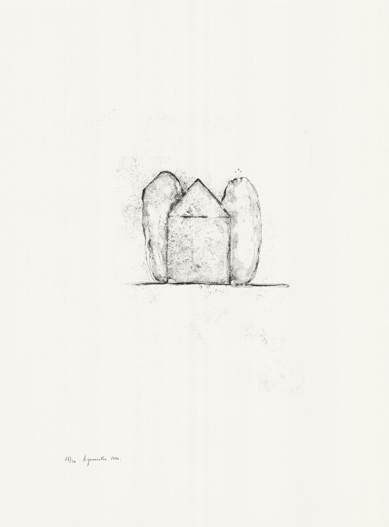 Loïc Le Groumellec, Lithographie, -Menhirs et maison-, 1990