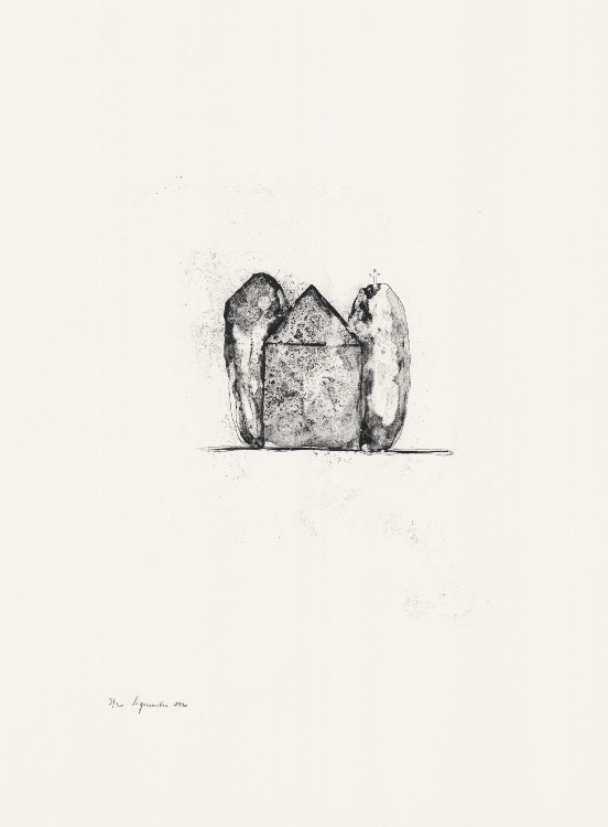 Loïc Le Groumellec, Lithographie, -Megalithe et maison-, 1990