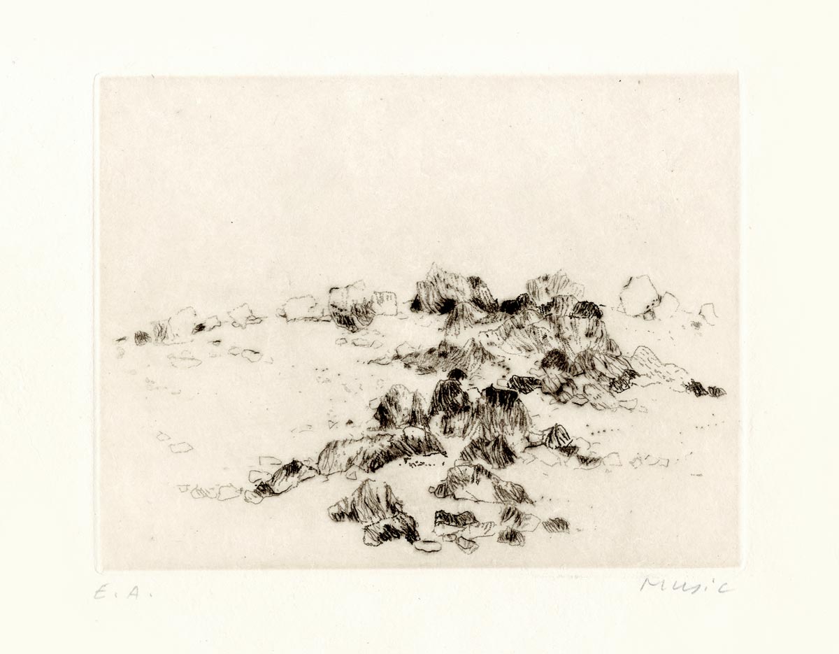 Zoran-Music-Estampe-Pointe-sèche-Paysage-Rocheux -Galerie-Schmücking,-Bale-1986-1981